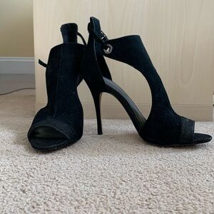 Saks of Fifth Avenue black open toe heels. Size 7.5. Black suede.